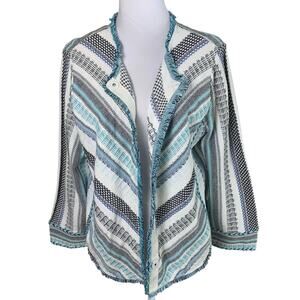 NEW Chico's Size 2 US L Cotton Sweater Jacket 3/4 Sleeve Lightweight Blue White